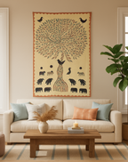 Living room with a beige sofa, wooden coffee table, and wall tapestry.