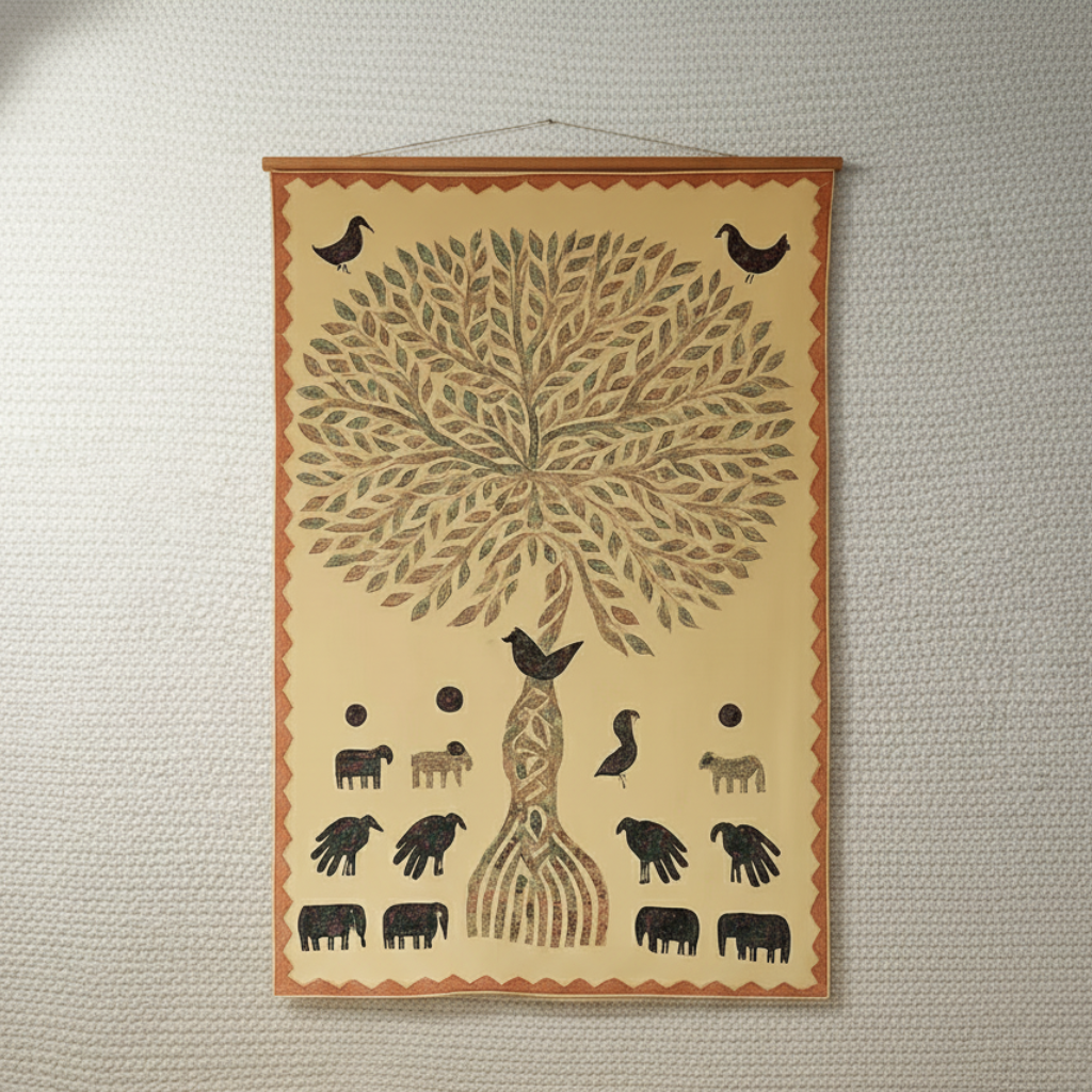 Decorative wall hanging with a tree design and various animals on a textured wall.