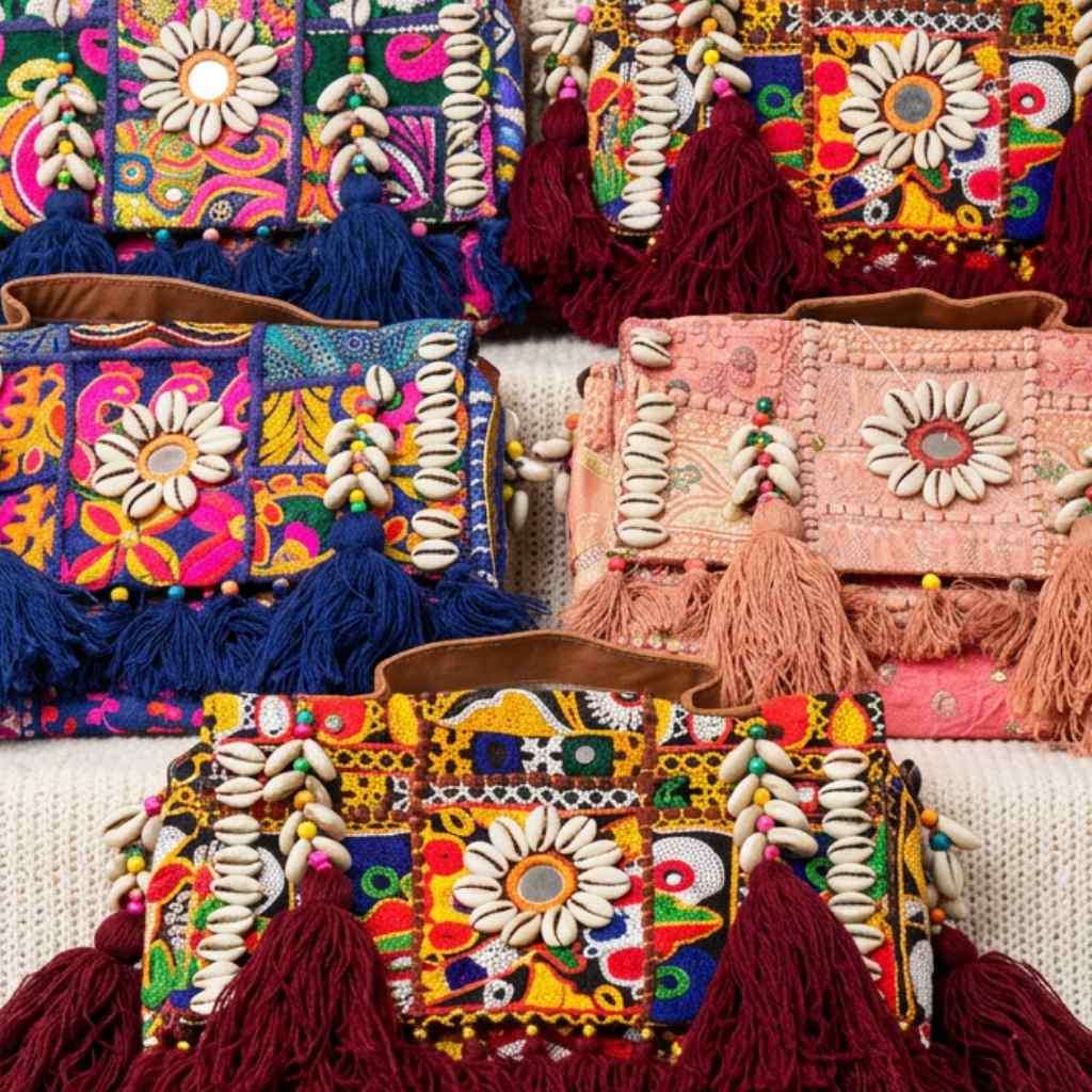 Colorful banjara bags with floral patterns and tassels on a white surface