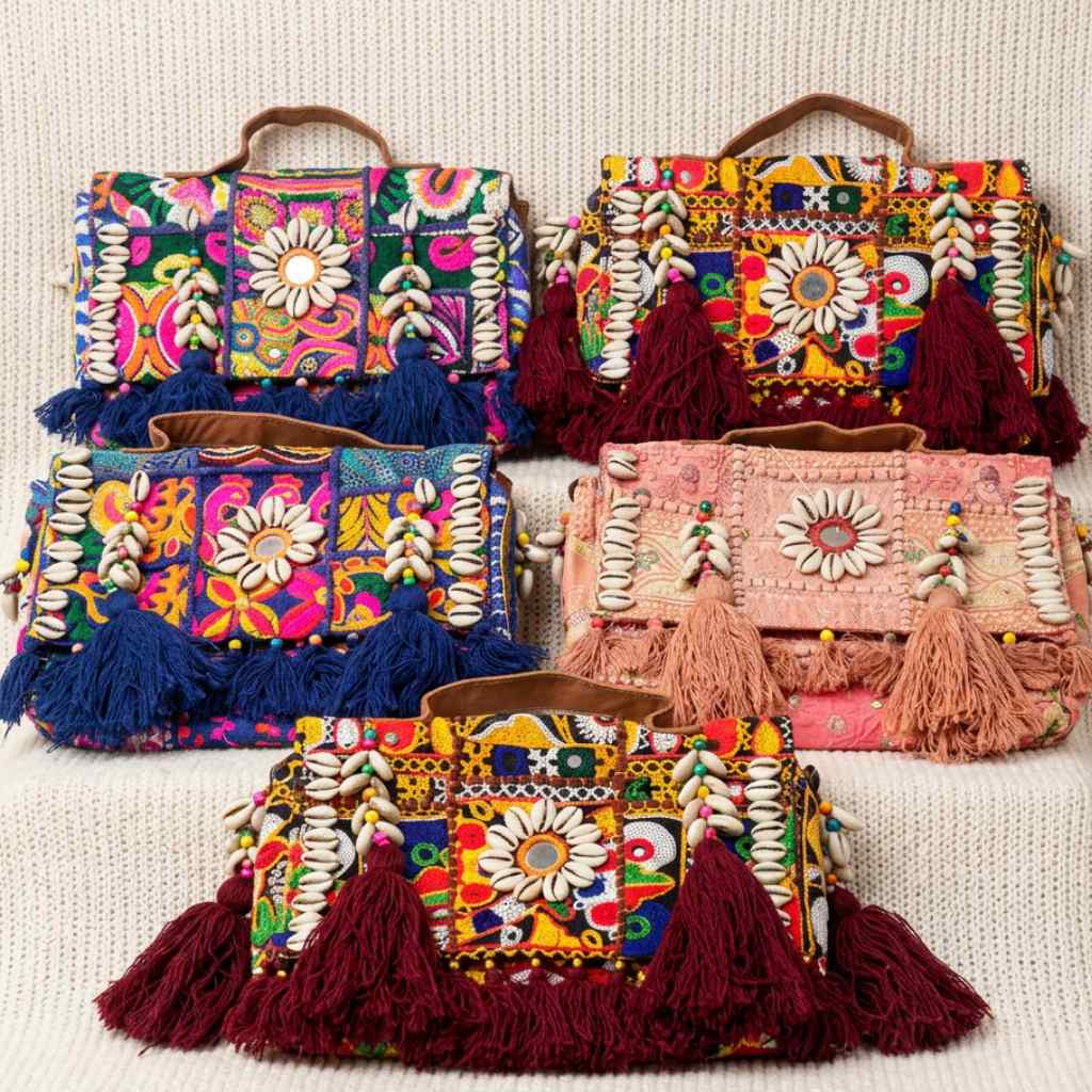 Colorful banjara handbags with floral patterns and tassels on a textured surface