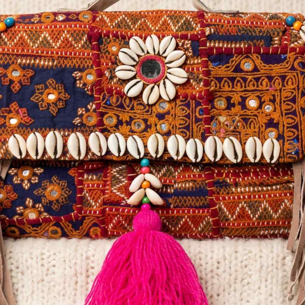 Colorful embroidered brown banjara bag with decorative elements on a textured surface