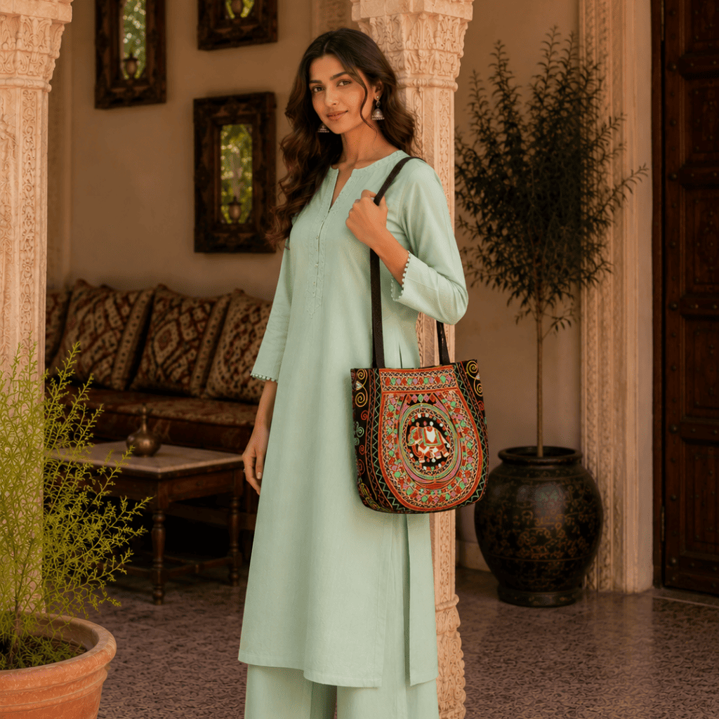 a woman in a pastel green suit set carrying an elephant threadwork  colorful bag