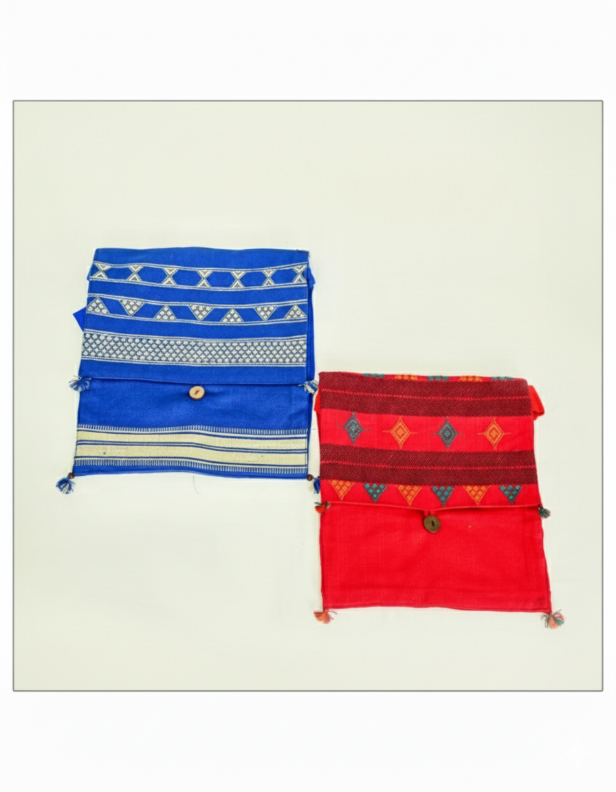 Two fabric pouches, one blue and one red, with patterns on a light beige background.