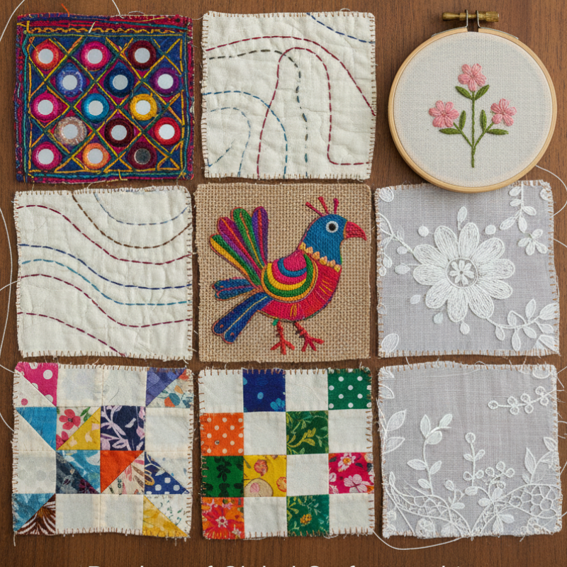 Collection of embroidered fabric squares on a wooden surface
