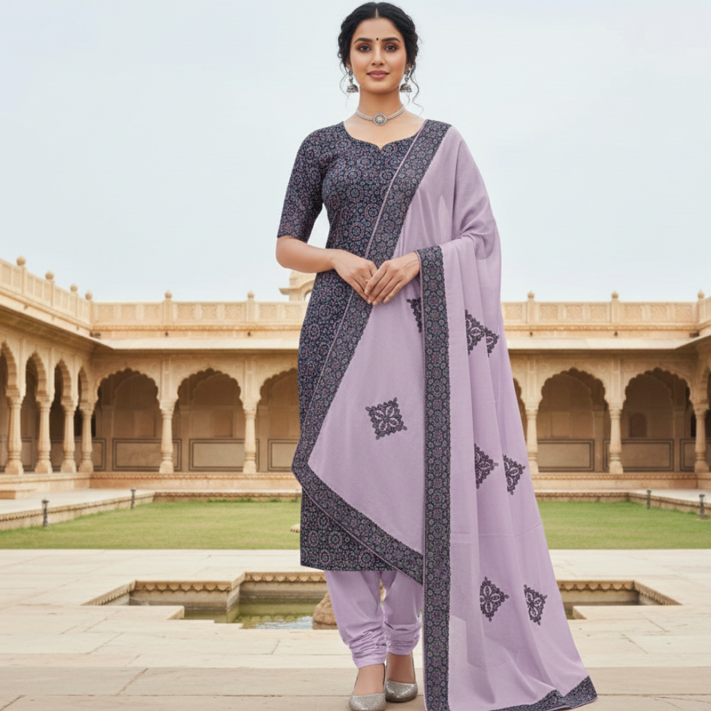 Woman wearing a traditional applique outfit in an architectural setting