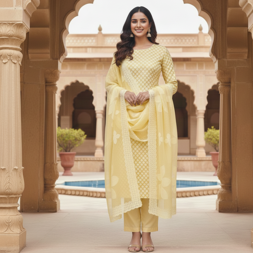 Unstitched Pastel Yellow Applique 3 Pc Suit Set