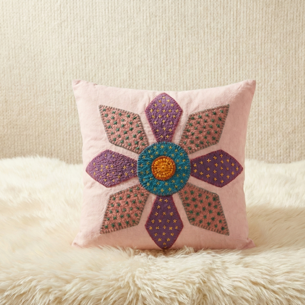 Soft Bloom Blush Pink Floral Applique Cushion Cover