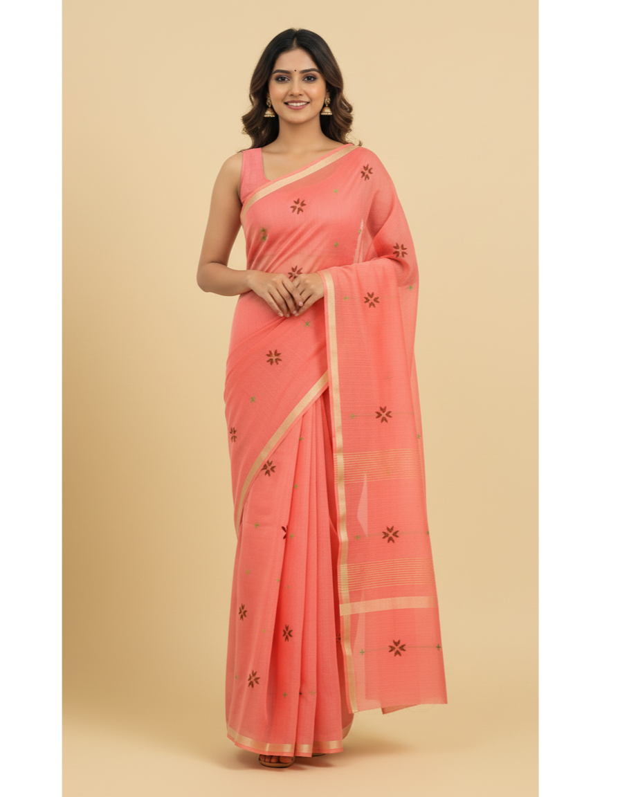 Festive Tassel Embroidery Peach Chanderi Saree