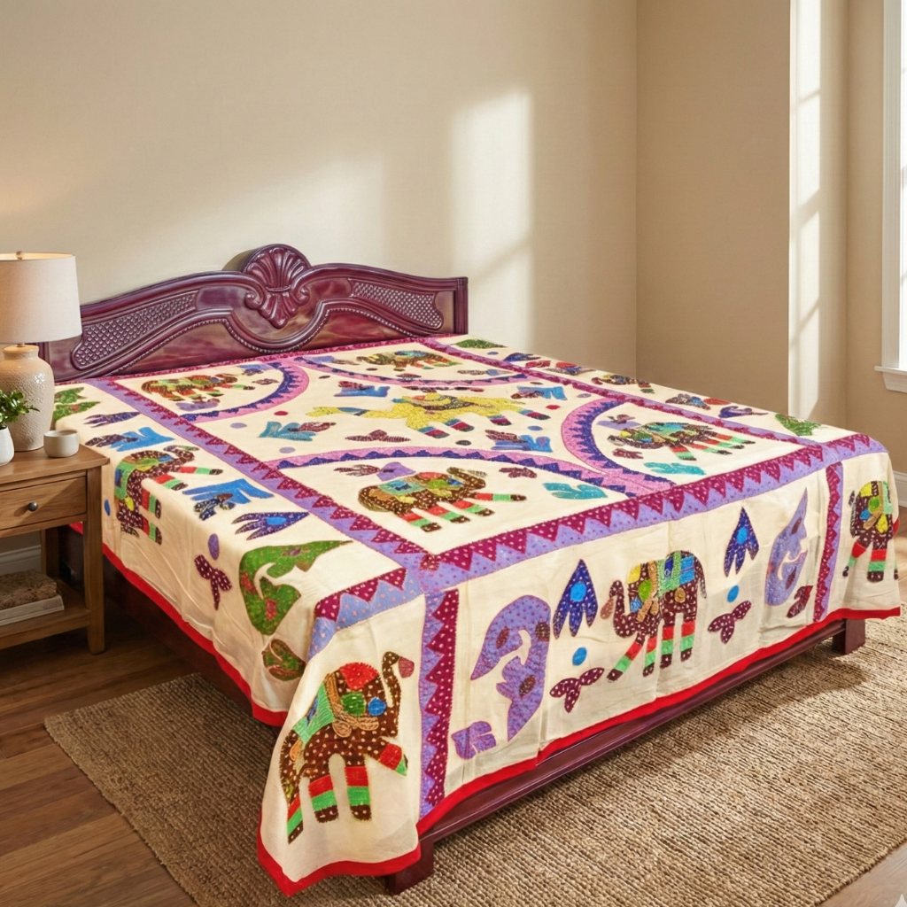 Colorful elephant-patterned applique bedspread on a bed in a bedroom setting.