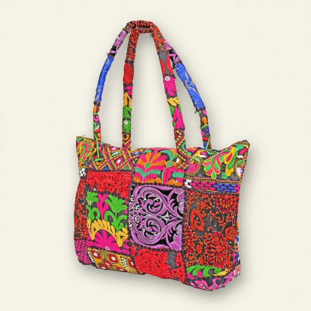 Colorful patterned handbag on a beige background