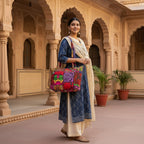 Woman holding a colorful handbag in an ornate architectural setting