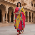 Woman with a traditional yellow and red applique dupatta paired with red outfit