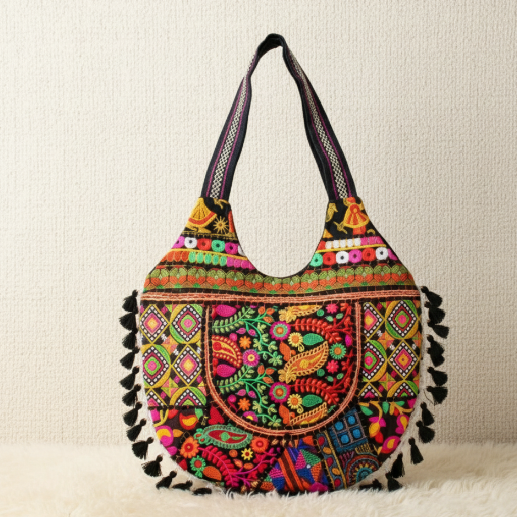 Colorful embroidered handbag with tassels on a beige background