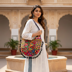 Woman holding a colorful embroidered bag in an architectural setting
