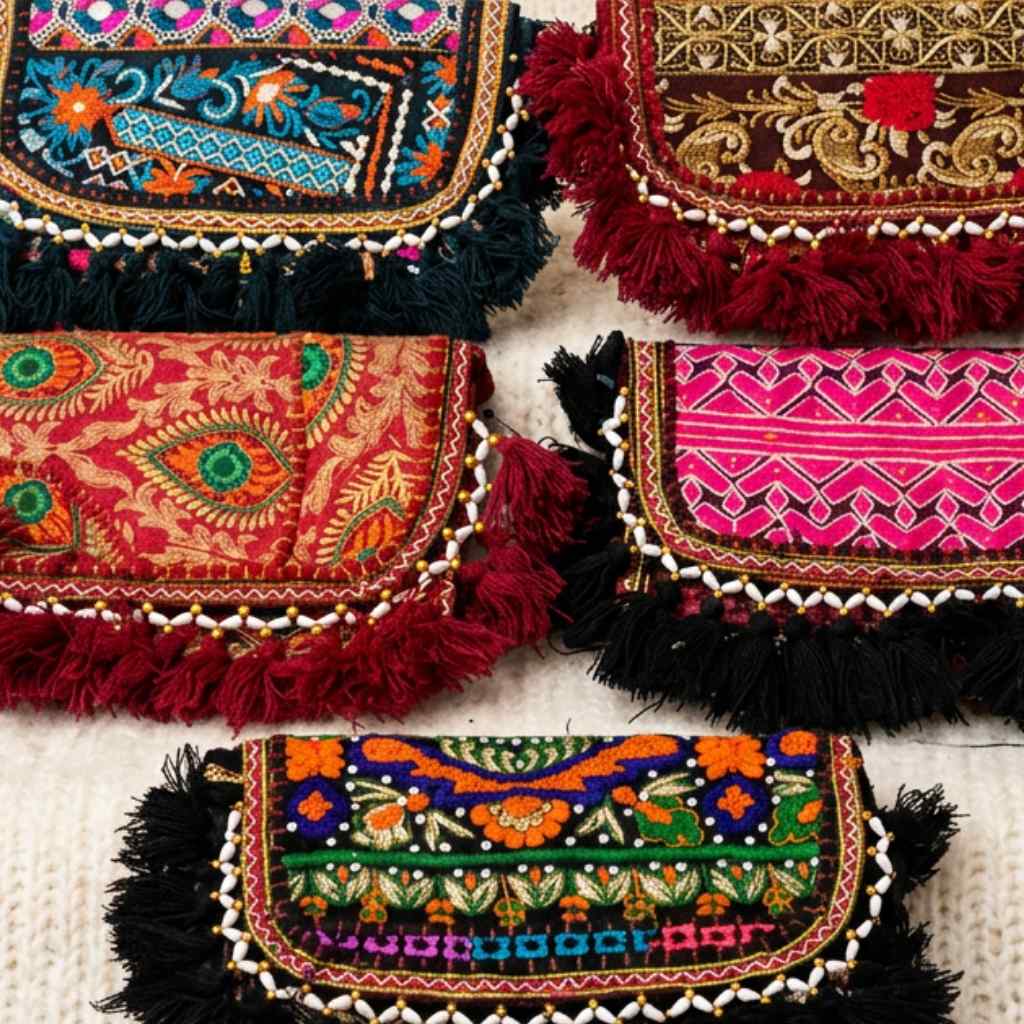 Colorful embroidered handbags with tassels on a textured surface