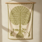 Village Story Olive Green Embroidered Wall Hanging