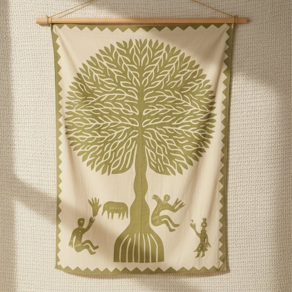Village Story Olive Green Embroidered Wall Hanging