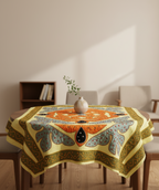 Decorative applique tablecloth with geometric patterns on a wooden table in a room
