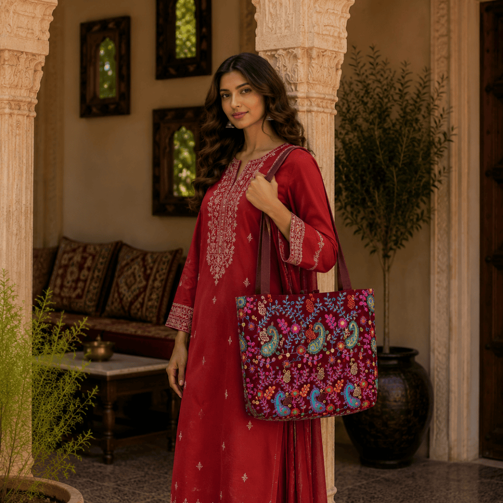 a woman carrying red suit set and a maroon embroidered bag
