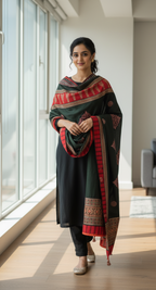 Woman wearing a traditional outfit with a colorful scarf in a modern room.