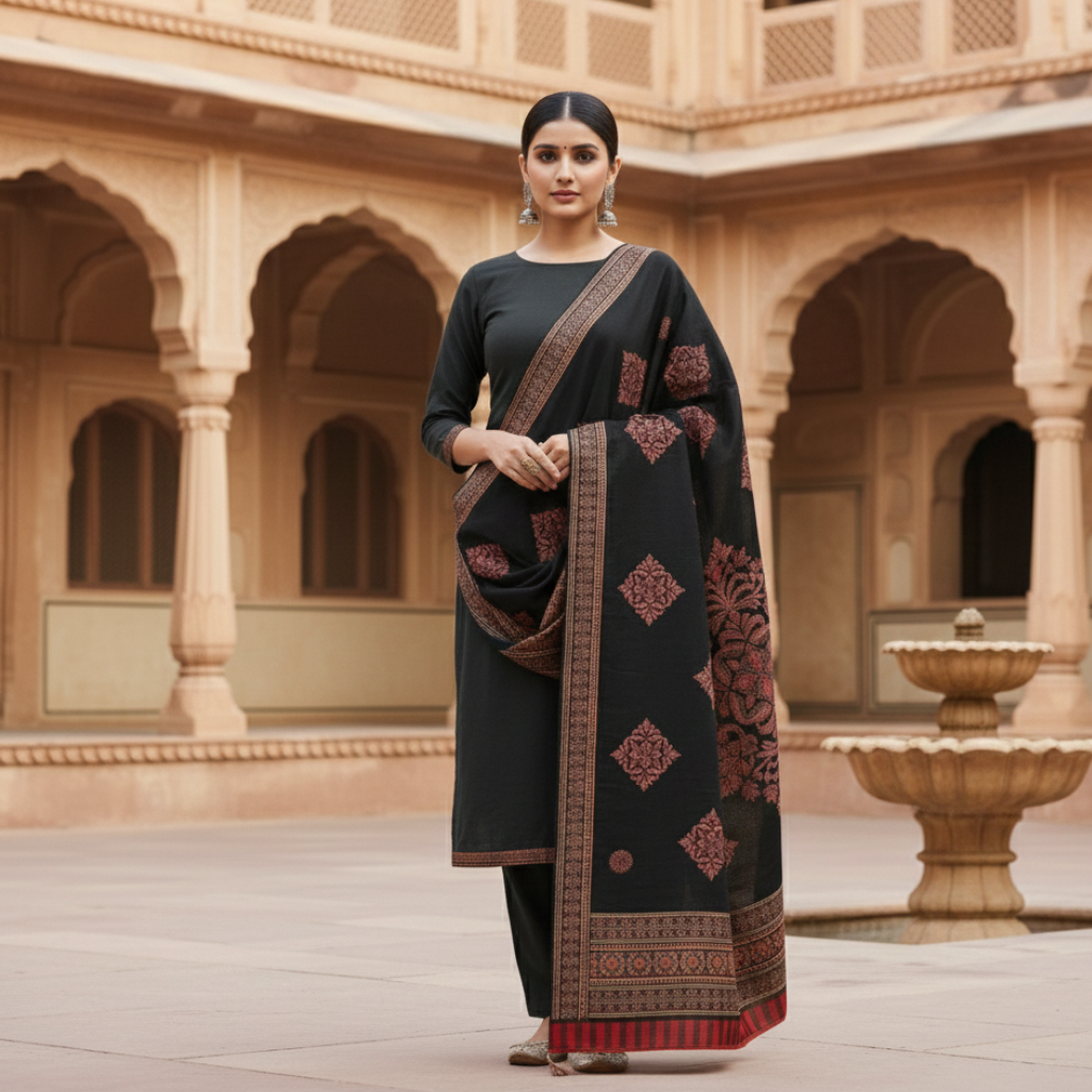 Woman in a traditional suit with applique dupatta standing in an architectural courtyard.