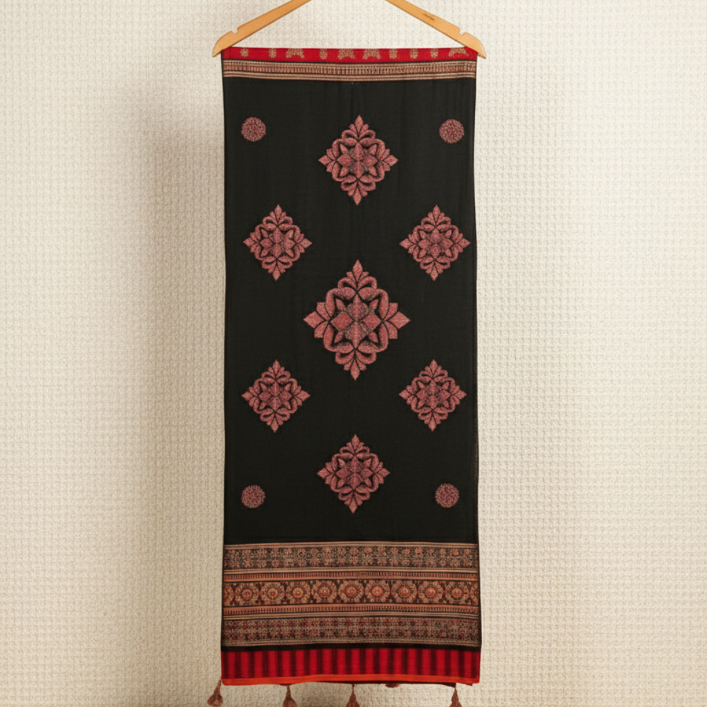 Vintage Paisley Embroidered Black Dupatta