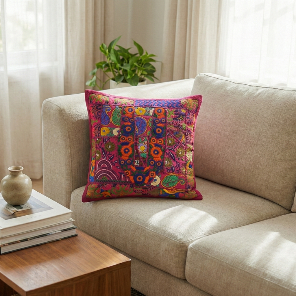Colorful embroidered pillow on a beige sofa in a living room setting.