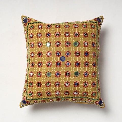 Mustard Yellow Hand Embroidered Floral Cushion Cover