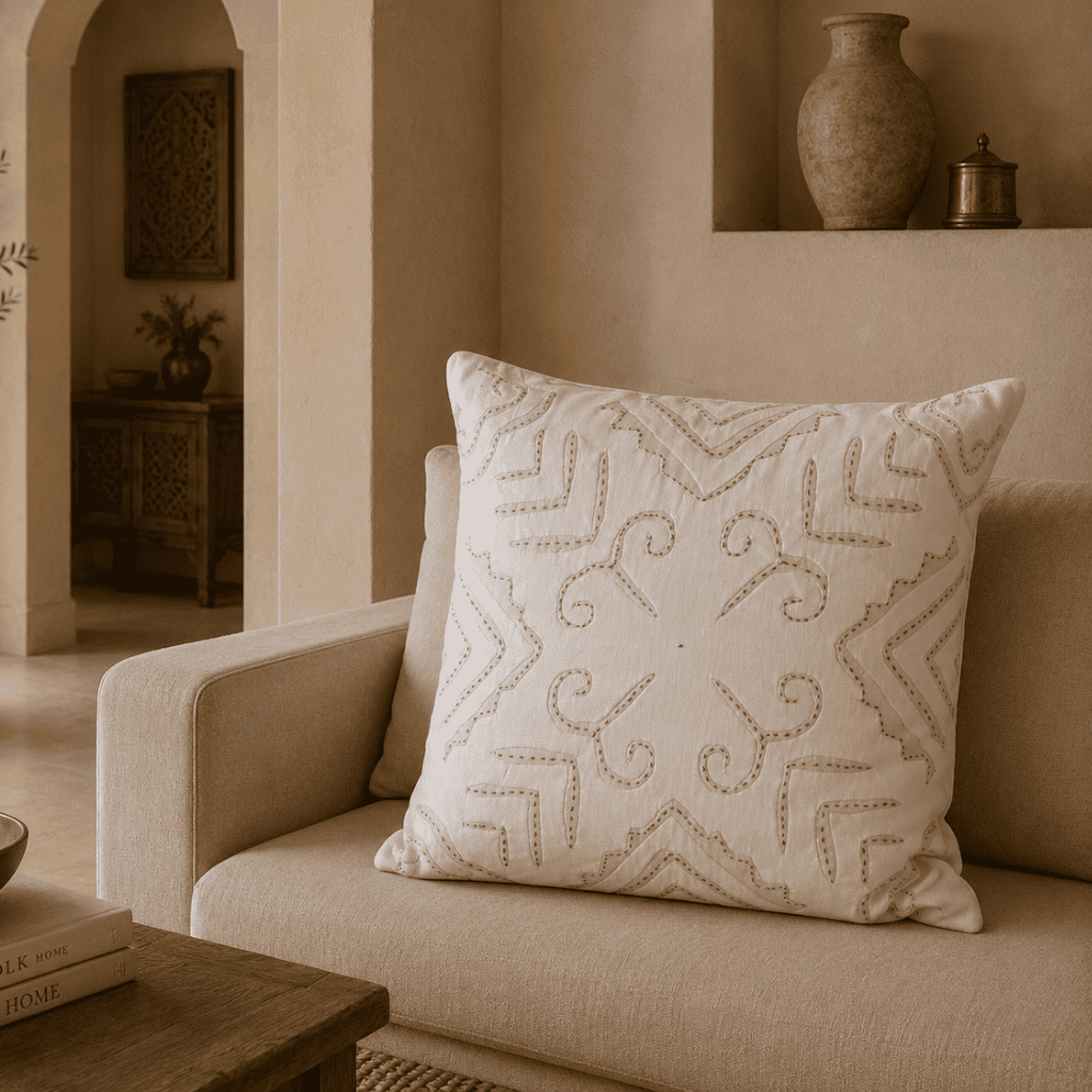 Stylish white applique cushion cover for sofa and bedroom styling