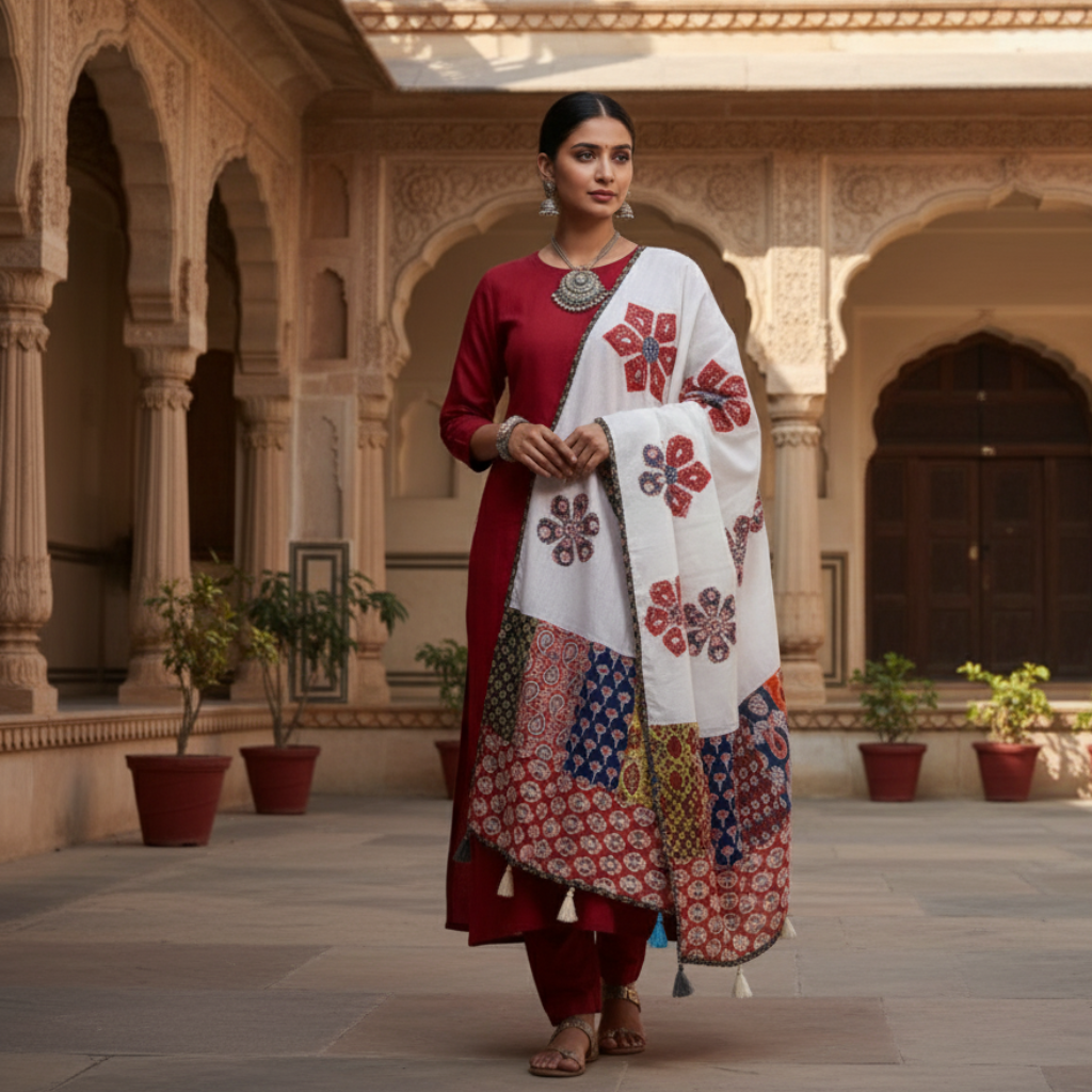 Woman in traditional attire with applique patterned dupatta standing in an architectural setting.