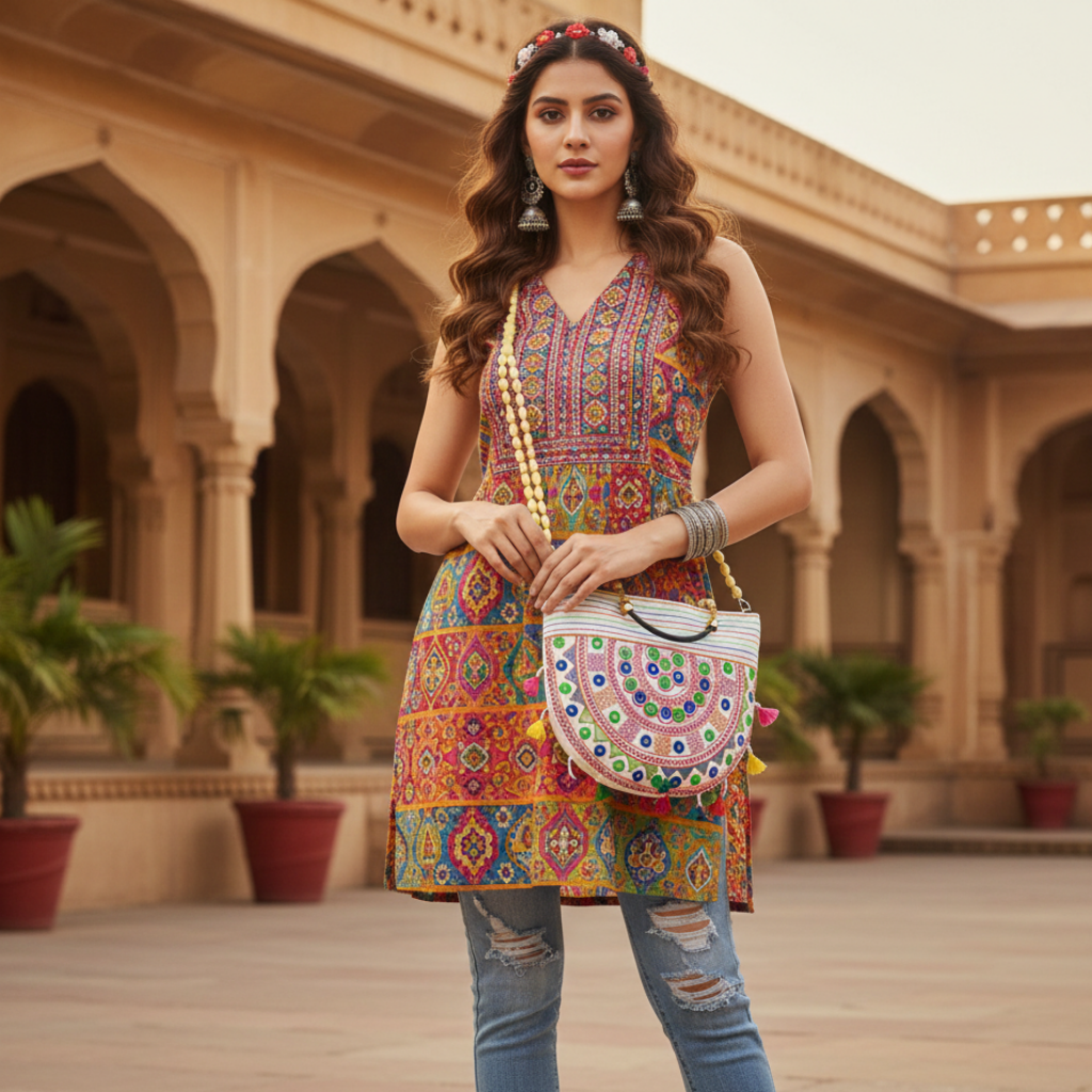 Woman in a colorful traditional outfit holding a boho sling bag in an architectural setting.