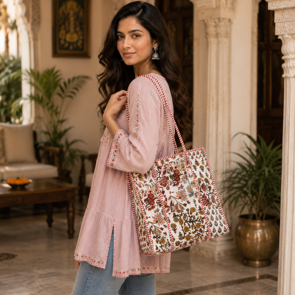 a girl carrying a white printed tote bag