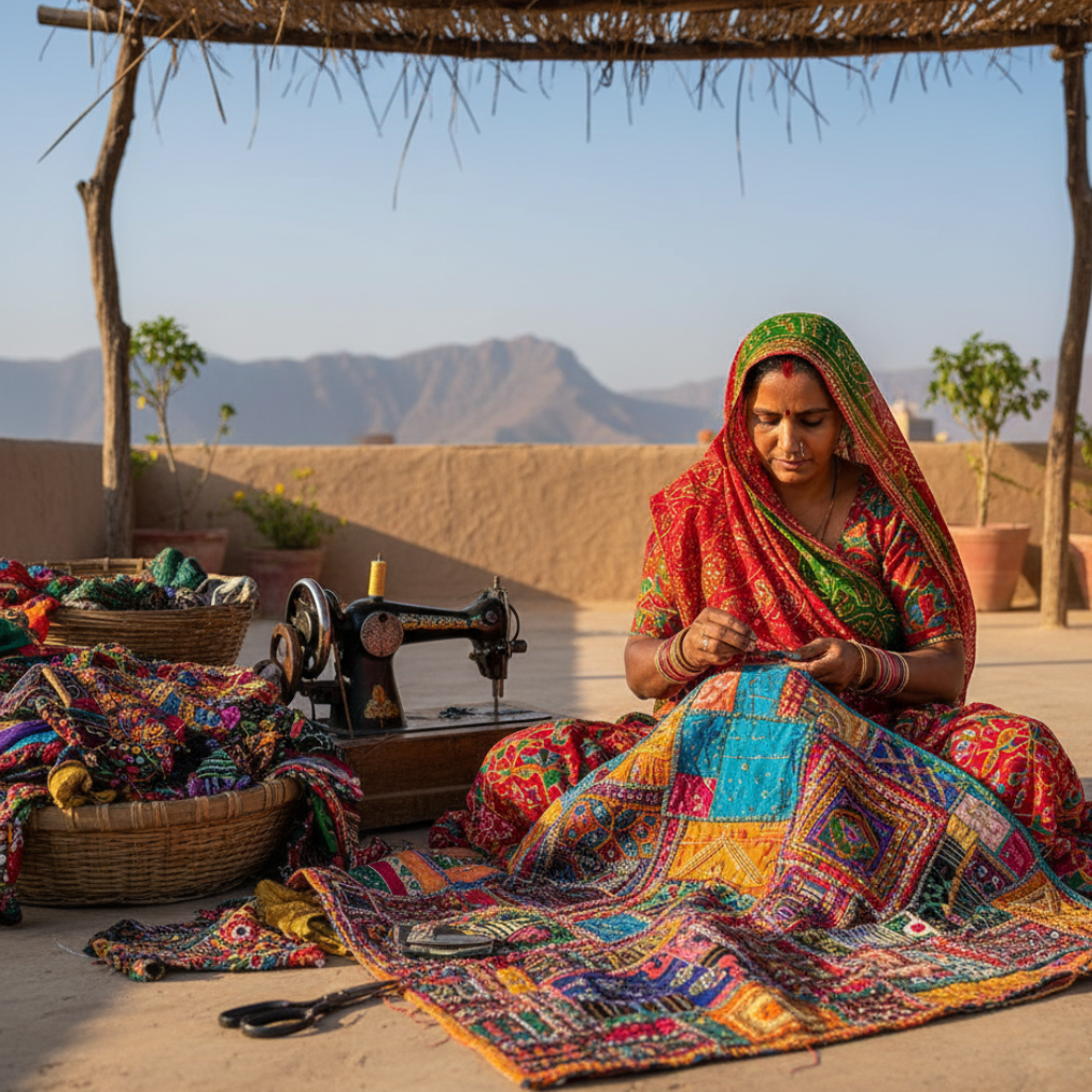 Woman in traditional attire working on patchwork fabric and a sewing machine on a rooftop with mountains in the background