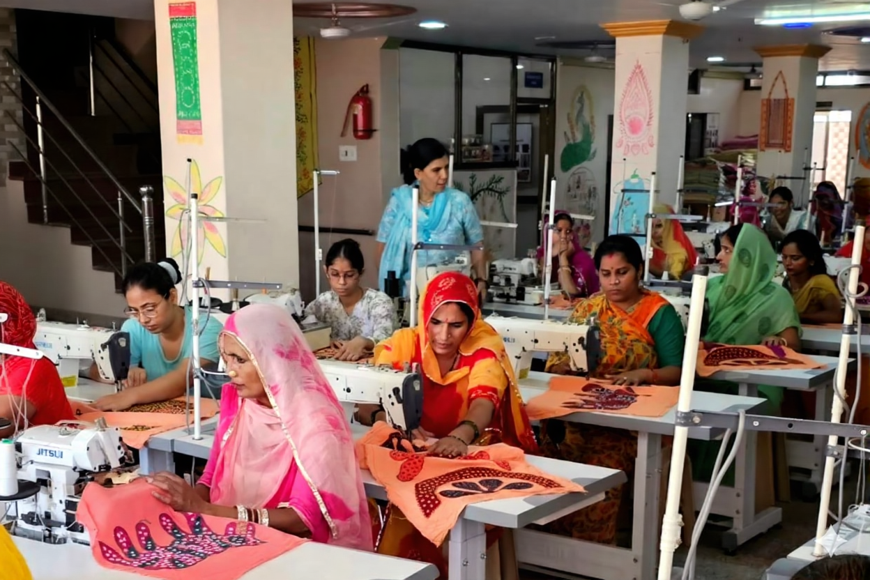Workers in a garment factory with sewing machines and fabric.