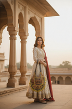 Woman in traditional attire standing in an architectural setting with a embroidered handbag