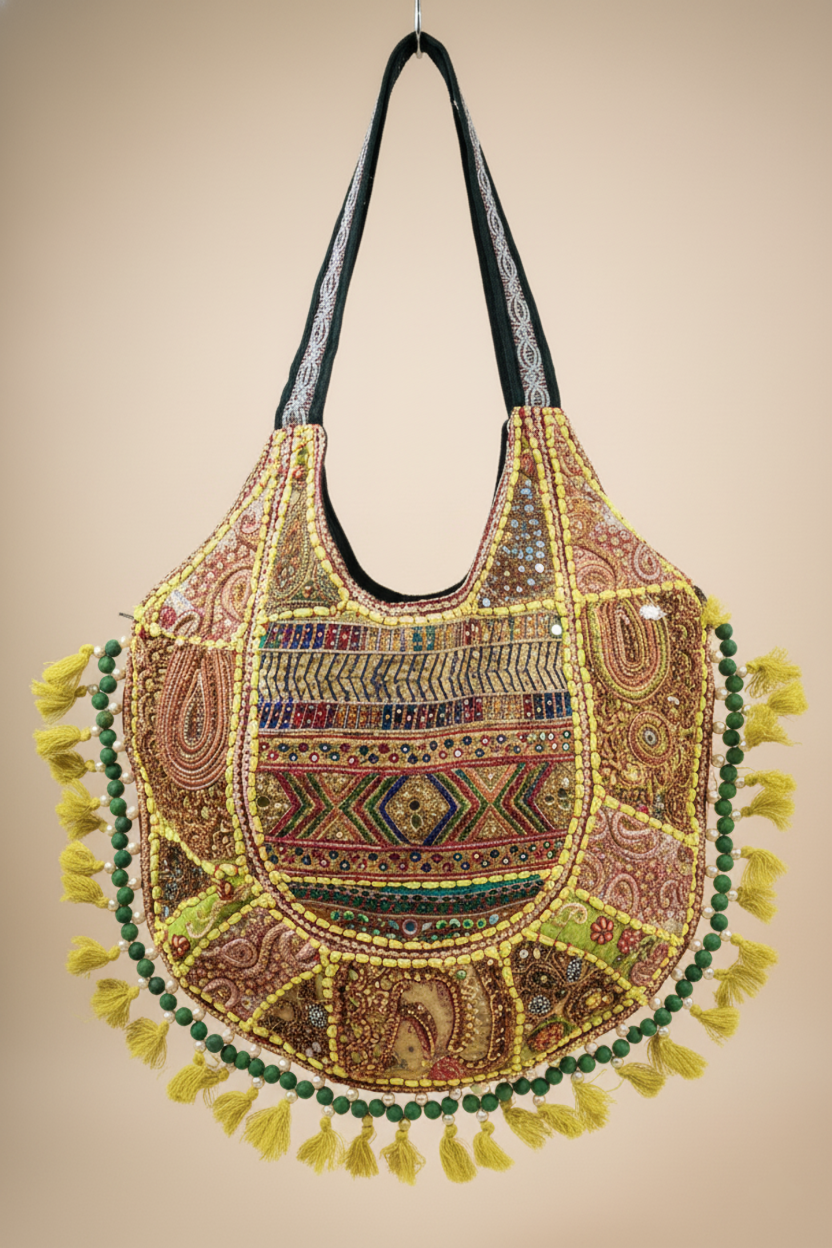 Decorative handbag with intricate patterns and tassels on a beige background