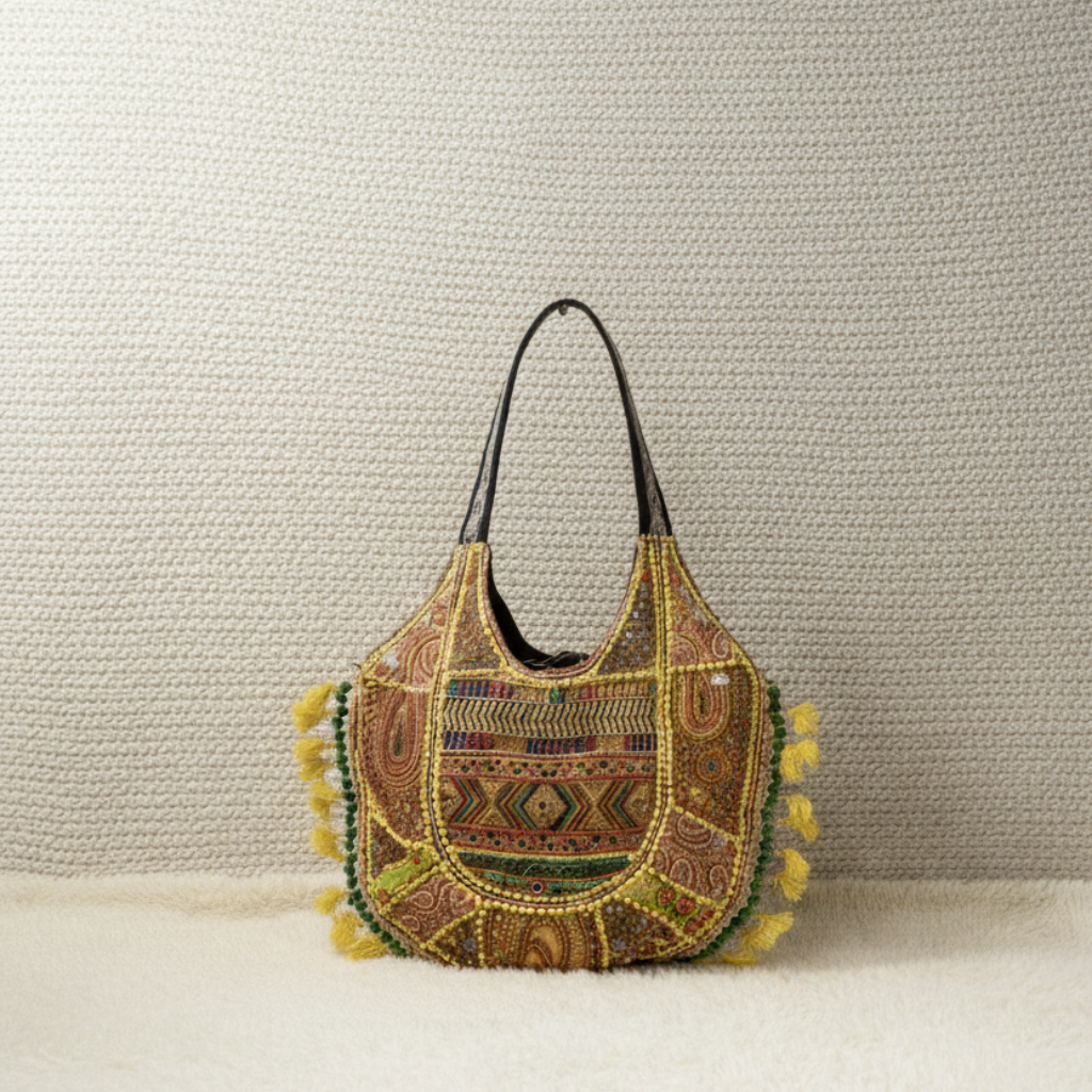 Yellow Beaded Thread-Worked Hand Bag