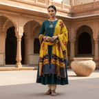 Woman in traditional outfit  with a yellow applique dupatta standing in an architectural setting