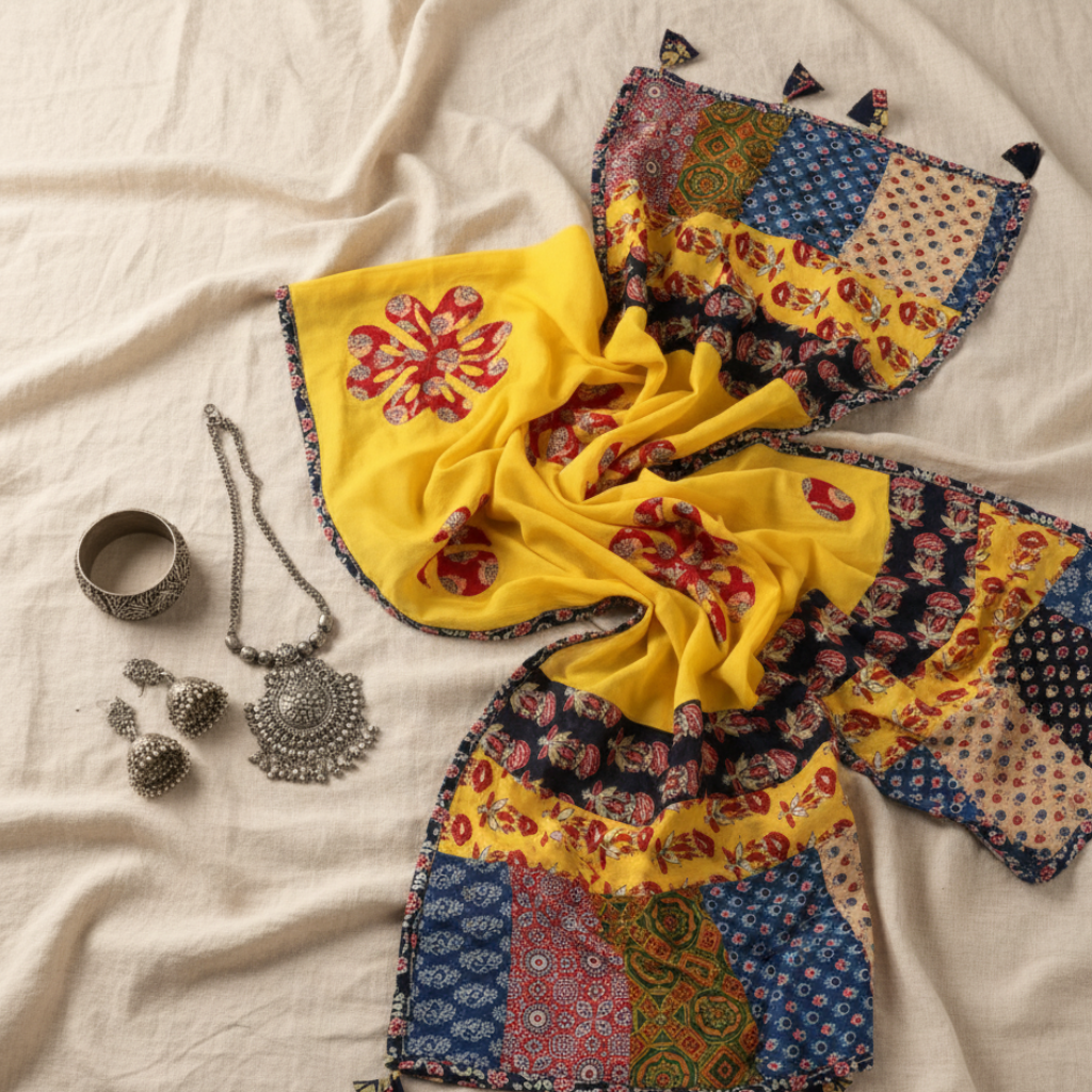 Yellow Cotton Dupatta with Applique Patchwork Design