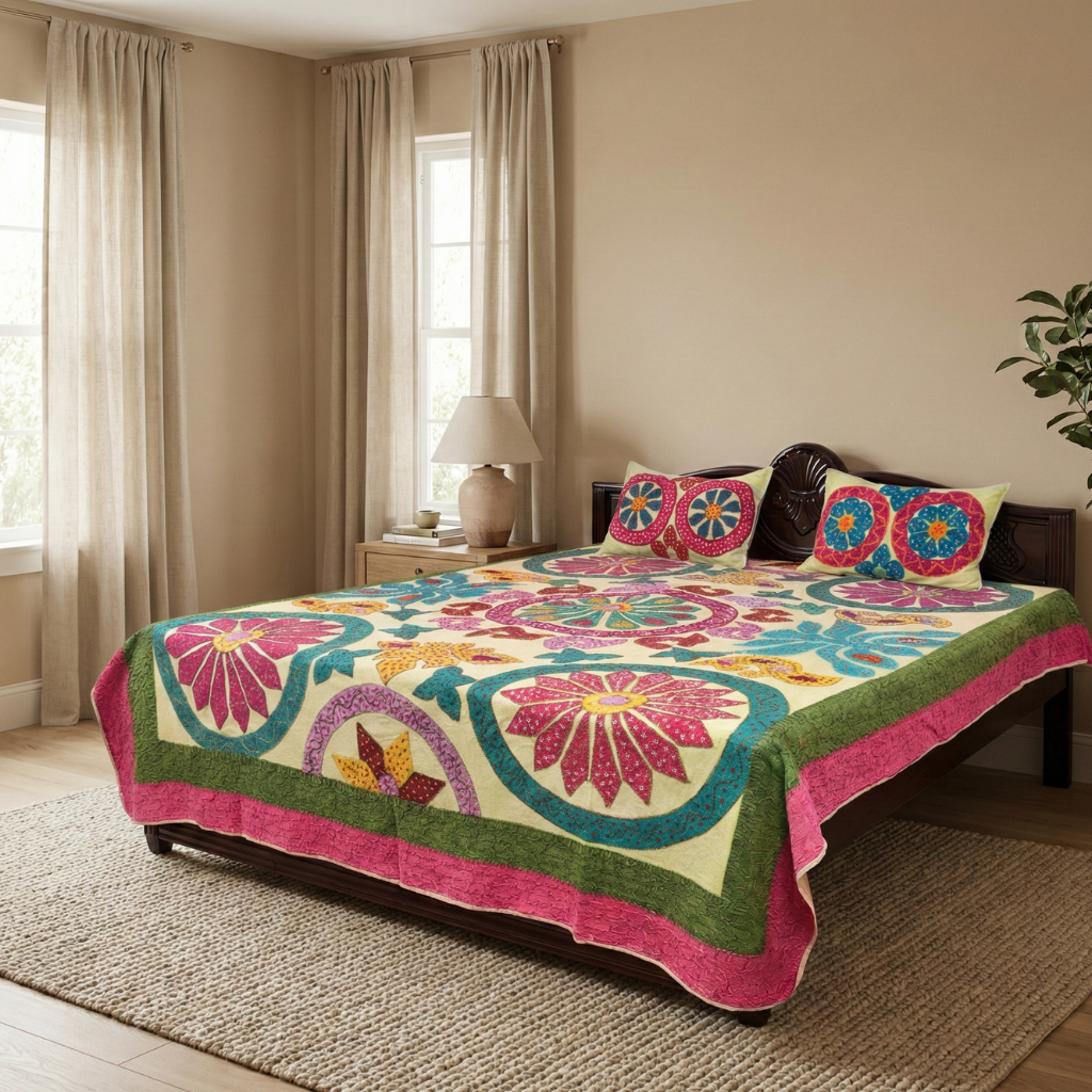 Bedroom with a colorful applique bedsheet and matching pillows on a bed.