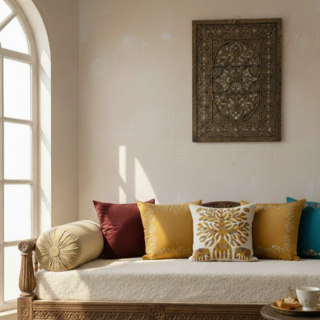 yellow tree applique cushion cover on a wooden bench with a wall hanging in a bright room.