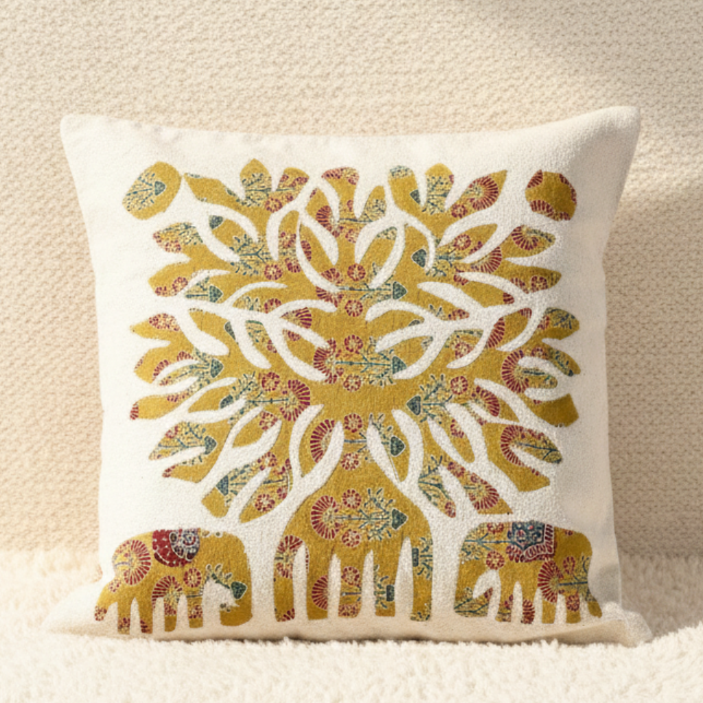 Decorative applique cushion cover with tree and elephant patterns on a beige background