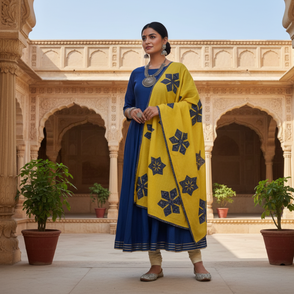 Woman in a blue and yellow traditional outfit standing in front of an architectural background