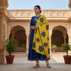 Woman in a blue and yellow traditional outfit standing in front of an architectural background