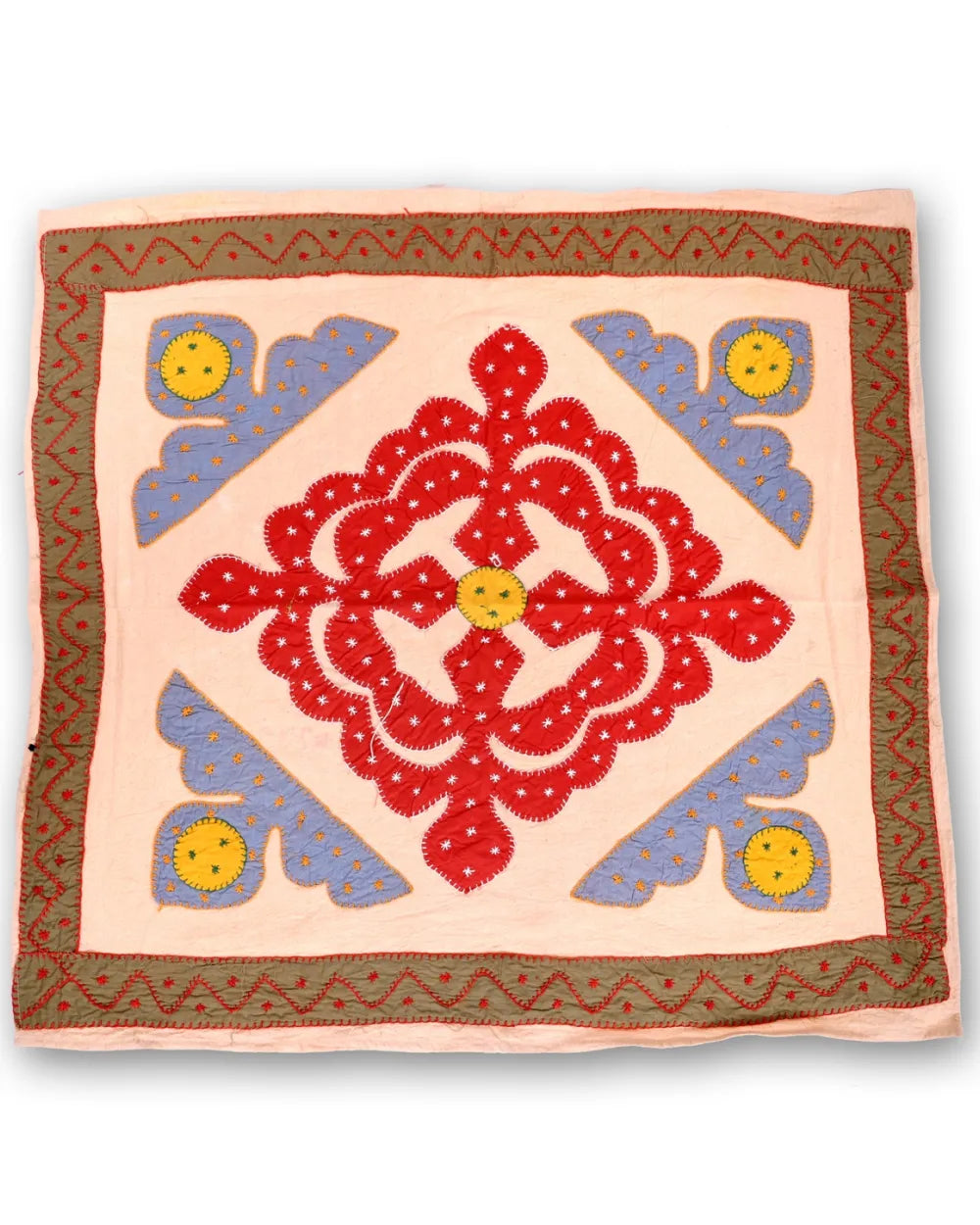 Ruby Heritage – Folk Crest Appliqué Table Cover