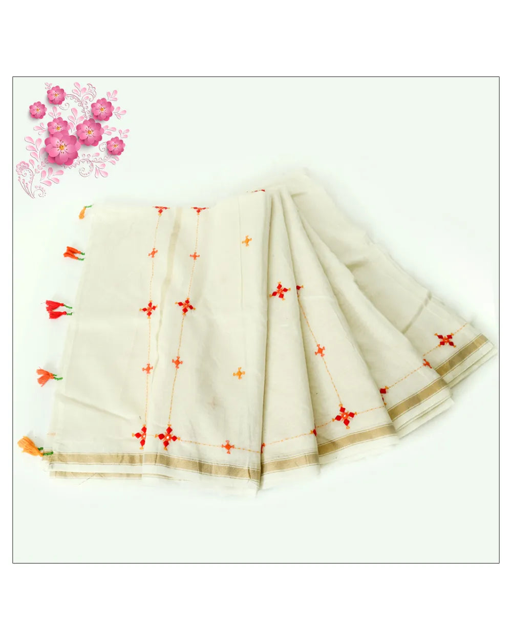 Ivory Blossom – Ethnic Tassel Embroidery Saree